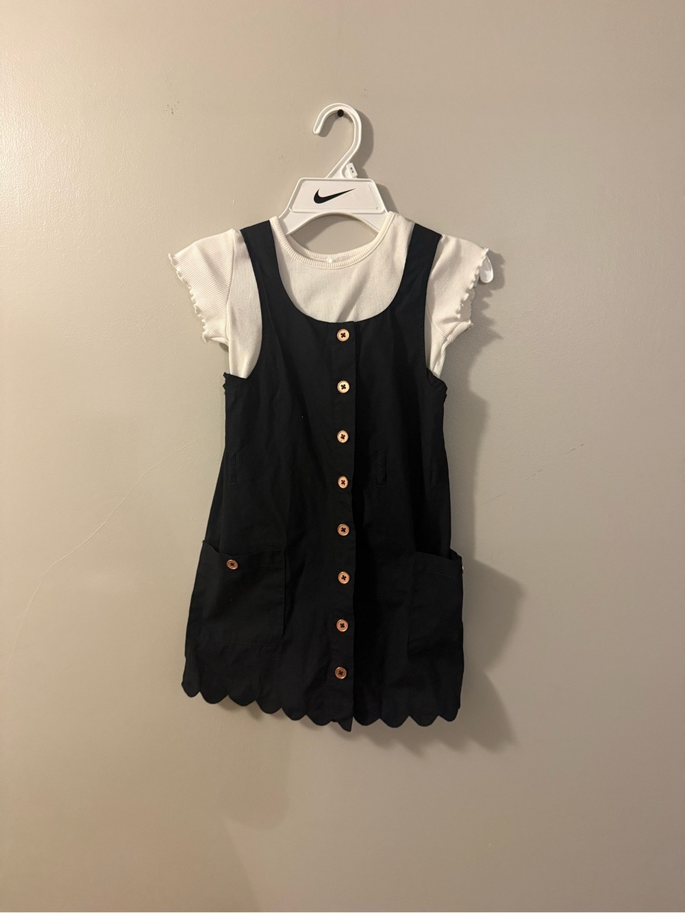 Black Button-Front Pinafore Dress with White Tee